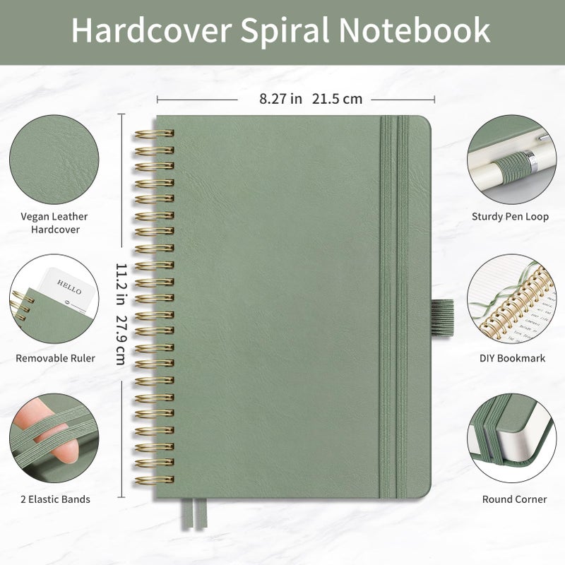 EMSHOI A4 Spiral Notebook College Ruled, 300 Numbered Pages Leather Hardcover Lined Journal with Ruler, PVC Pocket, Pen Holder & Bookmark, for Women Men Work School Writing, 8.27"x11.2", Light Green - Image 2