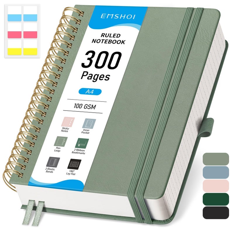 EMSHOI A4 Spiral Notebook College Ruled, 300 Numbered Pages Leather Hardcover Lined Journal with Ruler, PVC Pocket, Pen Holder & Bookmark, for Women Men Work School Writing, 8.27"x11.2", Light Green - Image 1