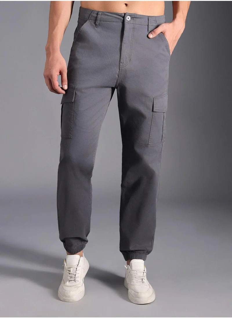 هاي ستار Charcoal Straight Fit Relaxed Cargo Joggers for Men, Cotton Stretch