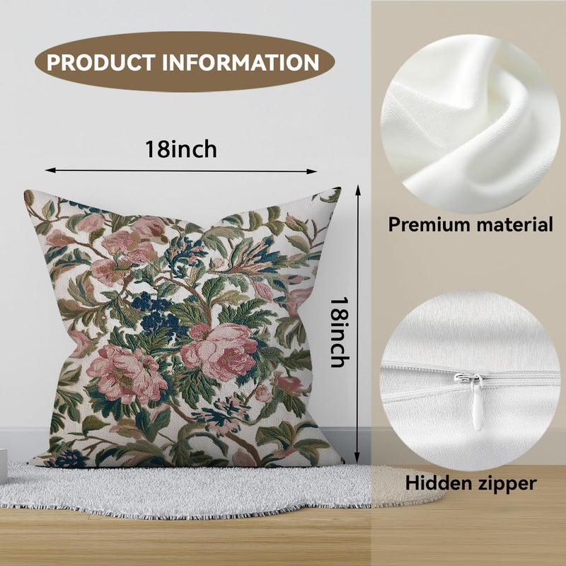 RBAFAO Vintage Floral Throw Pillow Covers, Vintage Flower Pattern Double Sided Cushion Cover, Indoor and Outdoor Home Art Decor Pillowcase for Sofa or Bedroom Decor 18x18inches (Green&Pink, 18x18inches) - Image 2