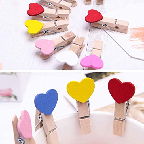 Nisco 10 pcs Coloured Hearts Shape Wooden Clips with 1 Meter Twine Jute Rope, Multi-Function pins, Photo Paper Peg, Pin Craft Clips for Home School Arts Crafts Decor, Size: 3.5 cm - Image 1