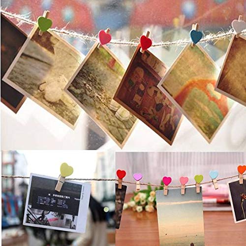 Nisco 10 pcs Coloured Hearts Shape Wooden Clips with 1 Meter Twine Jute Rope, Multi-Function pins, Photo Paper Peg, Pin Craft Clips for Home School Arts Crafts Decor, Size: 3.5 cm - Image 5