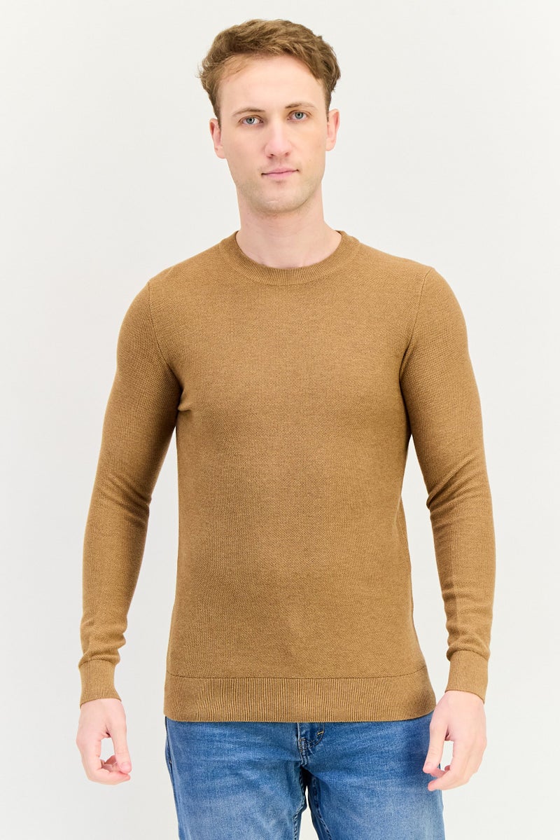 Celio Men Crew Neck Knitted Sweater, Brown - Image 1