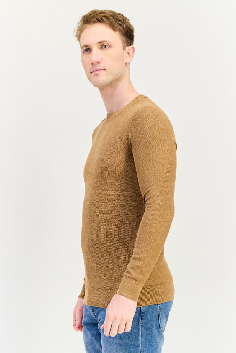 Celio Men Crew Neck Knitted Sweater, Brown - Image 2