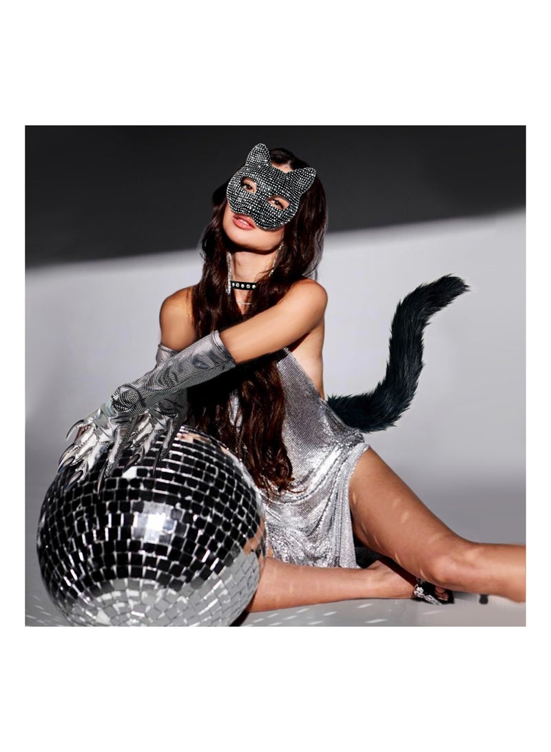 SYOSI Dazzling Cat Woman Costume Accessories Set - Rhinestone Masquerade Mask, Adjustable Leather Collar Choker, Shiny Silver Cat Gloves with Claw Nails, and Flexible Tail - Perfect for Parties, and Cosplay - Image 5