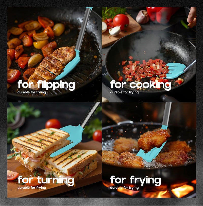 BAKEROYAL Silicone Spatula Set - Turner Spatulas Silicone Heat Resistant 600°F - Slotted & Solid Spatula for Cooking Fish, Eggs, Pancakes Flipper – Spatulas for kitchen use – Aqua - Image 3