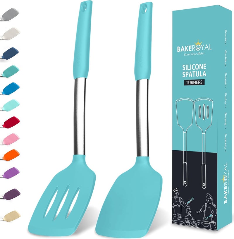 BAKEROYAL Silicone Spatula Set - Turner Spatulas Silicone Heat Resistant 600°F - Slotted & Solid Spatula for Cooking Fish, Eggs, Pancakes Flipper – Spatulas for kitchen use – Aqua - Image 1