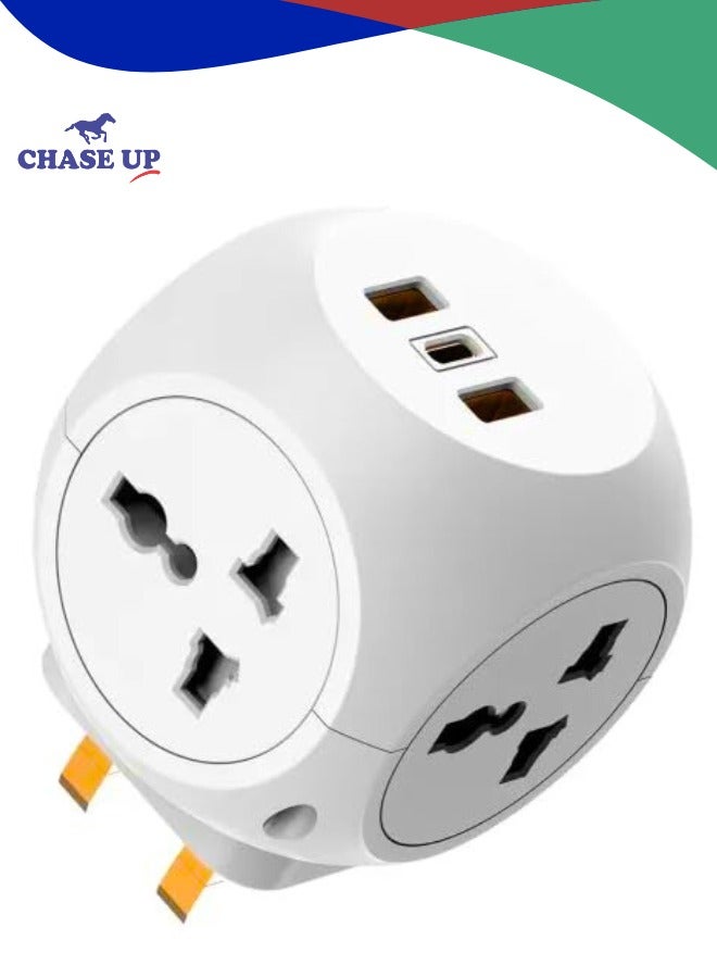 Chase Up Electrical Multi Plug Extension, 4 Way Power Adapter, New 7-in-1 Electrical Multiplug Adaptor UK to Universal Extender Power Cube, USB Charging Ports for Home Office Hotel 13A 3250W (Cube-Typ1),LK1011 - Image 1