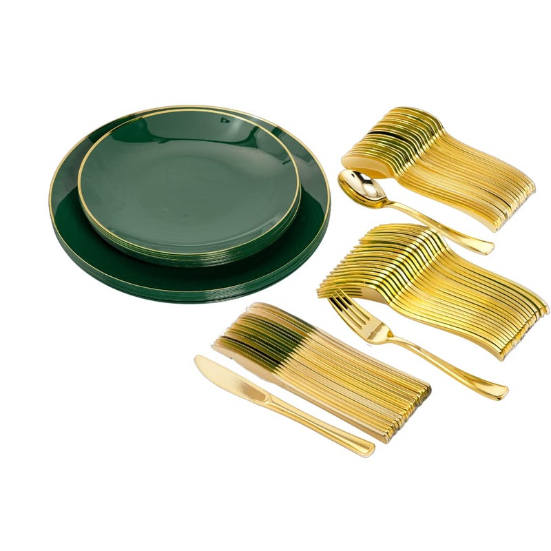 Trendables Disposable Plate Set with Cutlery  Green for 40 Includes 40 Plates Silverware Set with Plastic Forks Spoons Knives Dessert Spoons