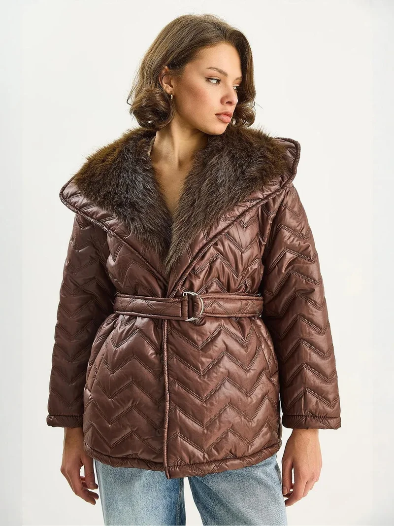 Bianco Lucci LUCCI Hooded Faux Fur Detailed Jacket