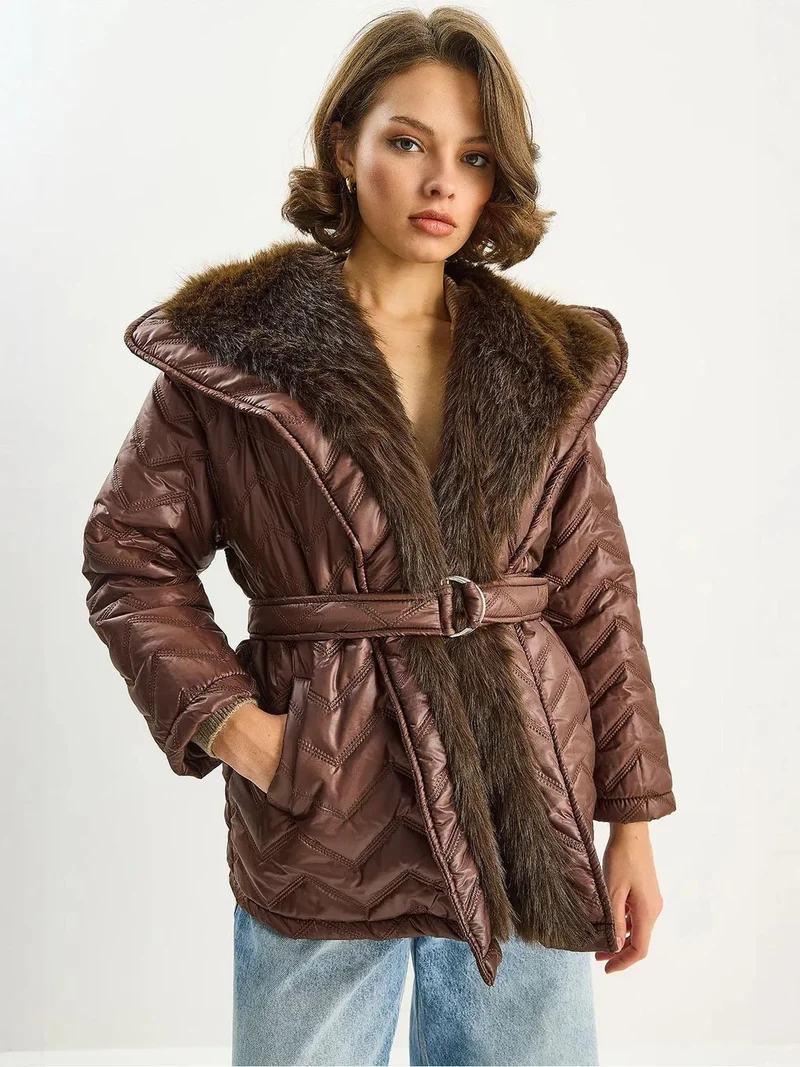 Bianco Lucci LUCCI Hooded Faux Fur Detailed Jacket