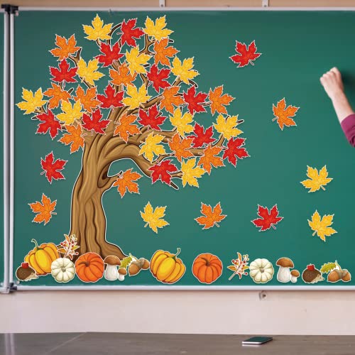 NBjiuyin 4Ft Big Tree Bulletin Board Set Spring Fall Summer Tree Bulletin Board Decoration with Maple Leaves Butterflies Pumpkins Cutouts for Classroom Home Chalkboard Wall Decoration, 74Pcs (Maple Leaves) - Image 4