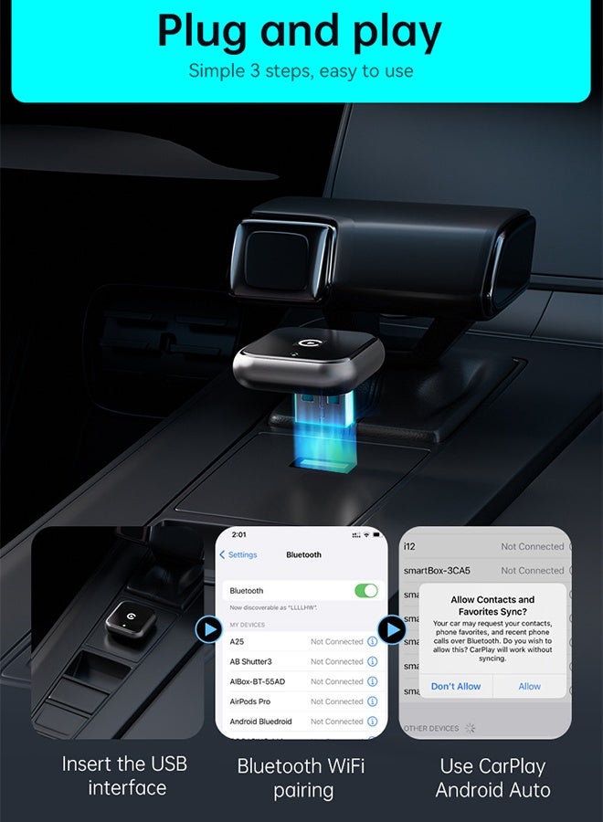 DUNISO 2 in 1 Car Wireless Streaming Box Upgraded Wireless CarPlay Adapter Mini Stable Car Streaming Device Ai Box Plug and Play Setup Converts Wired CarPlay to Wireless for Car Fit Apple Android Phones - Image 3