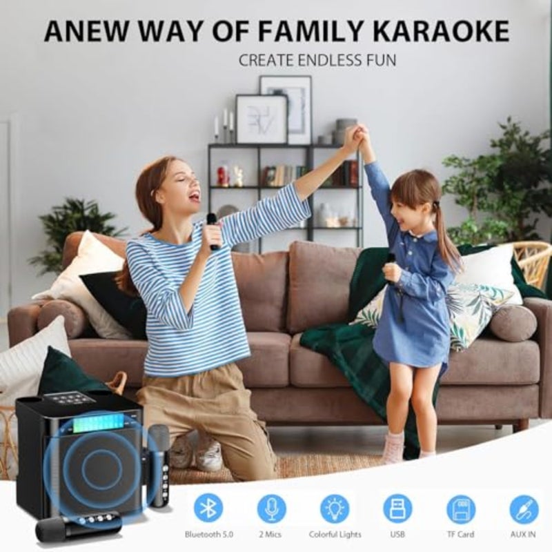Karaoke Machine for Home, Party, Meeting: Portable Bluetooth PA Speaker System with 2 Wireless Microphones, ABS Plastic, Black, Dynamic LED Lights, TF/USB/AUX Support - Image 2