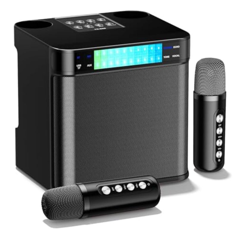 Karaoke Machine for Home, Party, Meeting: Portable Bluetooth PA Speaker System with 2 Wireless Microphones, ABS Plastic, Black, Dynamic LED Lights, TF/USB/AUX Support - Image 1
