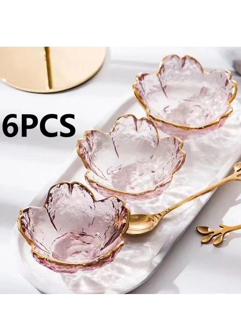 6 pack Cute Sauce Dishes Glass Dish Set for Soy Sauce Snacks Tea Bag Mini Glass Bowls Clear Pink Cherr（gold-trimmed version）  - Image 1