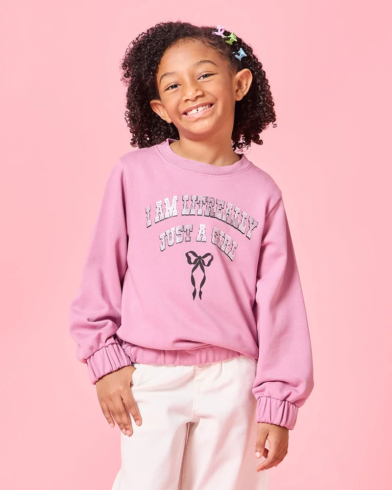 Redtag Girls Burgundy Bow Placement Print Sweatshirt