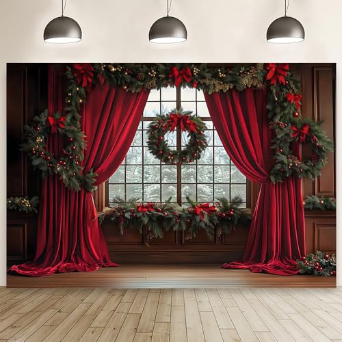 MEHOFOND 10x7ft Christmas Tree Backdrop Photography Window Snow Xmas Background Red Curtain Decoration Studio Props for Photo Video Photography Studio Props - Image 1
