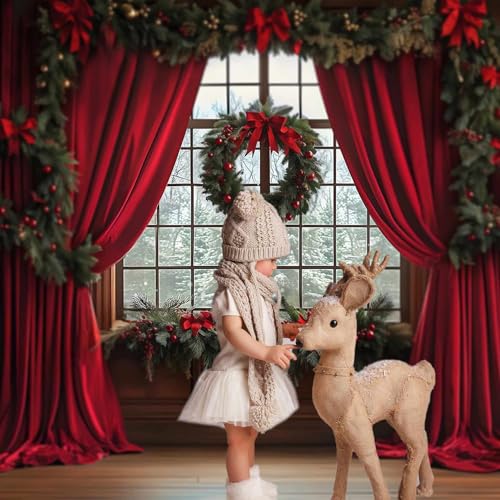 MEHOFOND 10x7ft Christmas Tree Backdrop Photography Window Snow Xmas Background Red Curtain Decoration Studio Props for Photo Video Photography Studio Props - Image 3