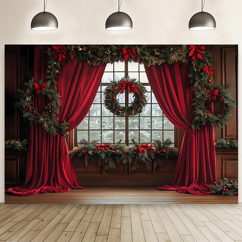 MEHOFOND 10x7ft Christmas Tree Backdrop Photography Window Snow Xmas Background Red Curtain Decoration Studio Props for Photo Video Photography Studio Props - Image 2