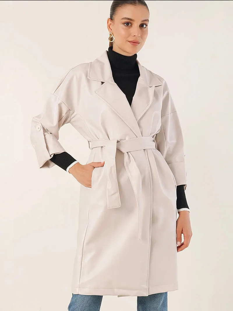 بيغ دارت معطف ترنش جلد صناعي برباط إغلاق