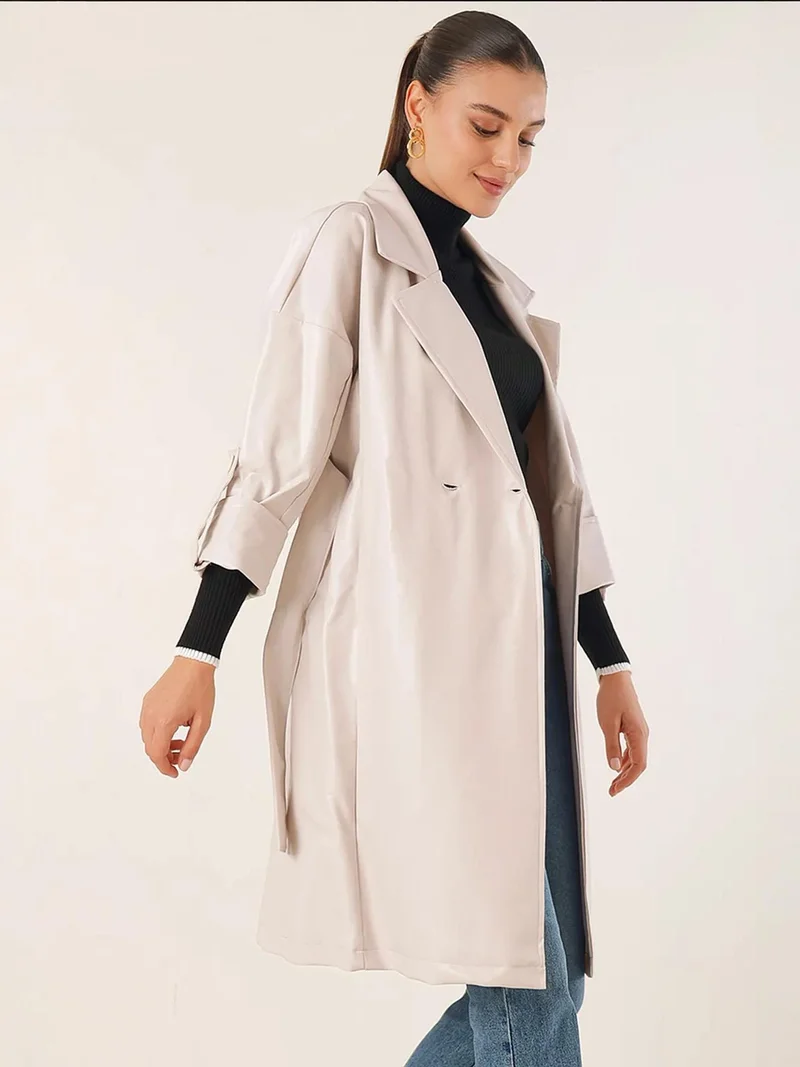 بيغ دارت معطف ترنش جلد صناعي برباط إغلاق