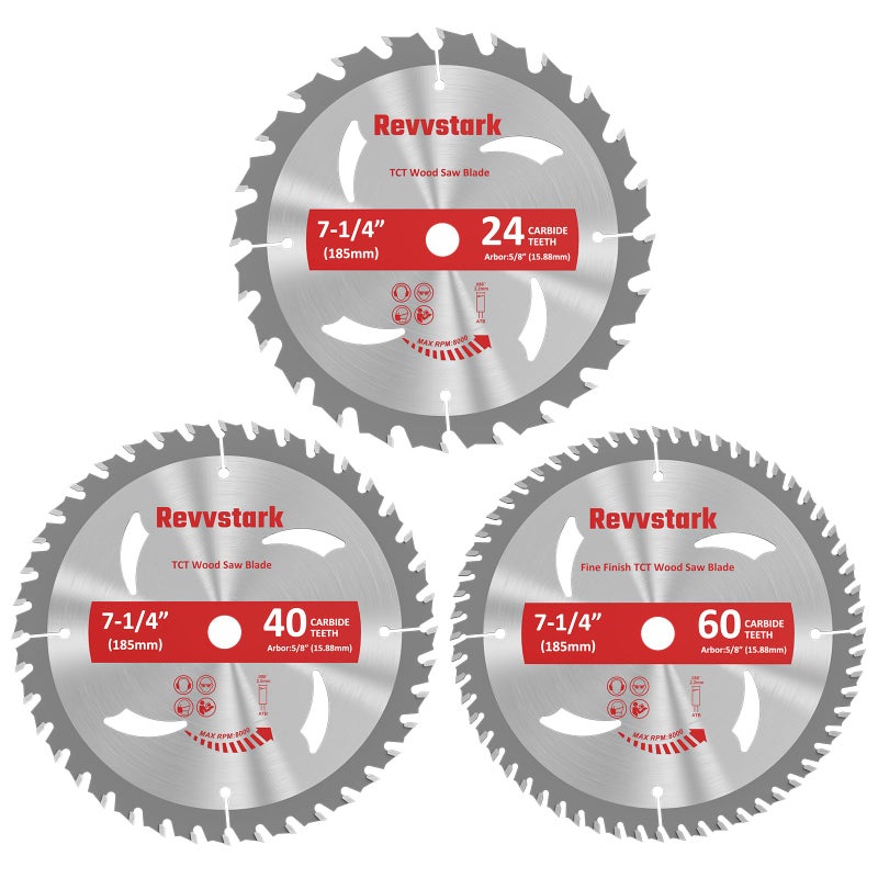 Revvstark 3 Pack 7 1/4 Circular Saw Blade 24T&40T&60T Combo  Tct Atb 24T Framing  40T Ripping & Crosscutting  60T Finish Saw Blade For Various Wood Cutting  5/8"" Arbor  Fit Dewalt Craftsman Ryobi Milwaukee - Image 1