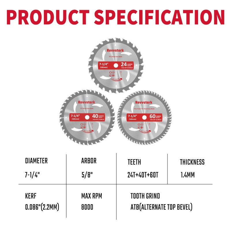 Revvstark 3 Pack 7 1/4 Circular Saw Blade 24T&40T&60T Combo  Tct Atb 24T Framing  40T Ripping & Crosscutting  60T Finish Saw Blade For Various Wood Cutting  5/8"" Arbor  Fit Dewalt Craftsman Ryobi Milwaukee - Image 2