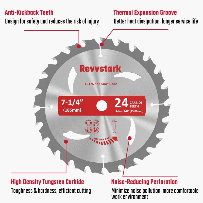 Revvstark 3 Pack 7 1/4 Circular Saw Blade 24T&40T&60T Combo  Tct Atb 24T Framing  40T Ripping & Crosscutting  60T Finish Saw Blade For Various Wood Cutting  5/8"" Arbor  Fit Dewalt Craftsman Ryobi Milwaukee - Image 4