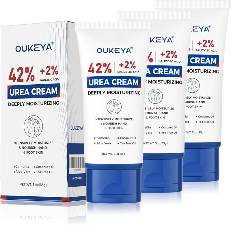 OUKEYA Urea Cream 42 Percent with 2% Salicylic Acid Tube 3 Oz, Foot & Hand Cream for Dry Cracked, 40 per Urea Lotion for Feet Maximum Strength, 3 Pack - Image 1