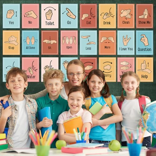 Aposwow Sign Language Posters for Classroom - 24Pcs Common Words and Phrases Hand Sign Language Cards for Kids Baby Toddlers, ASL American Signal Language Posters School Classroom Decor - Image 4