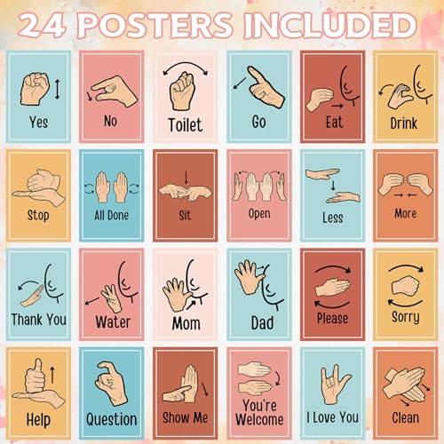 Aposwow Sign Language Posters for Classroom - 24Pcs Common Words and Phrases Hand Sign Language Cards for Kids Baby Toddlers, ASL American Signal Language Posters School Classroom Decor - Image 2