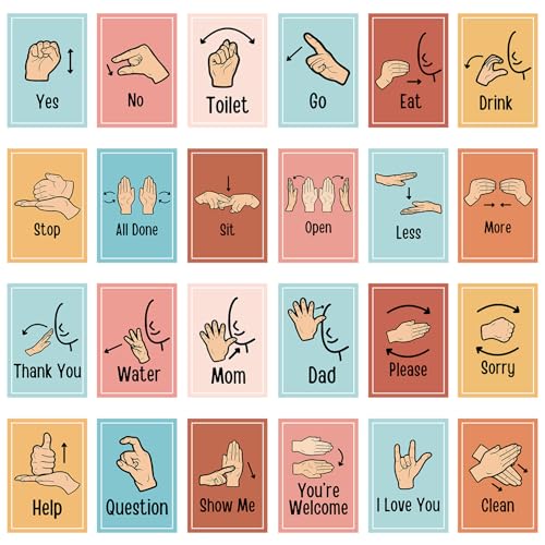 Aposwow Sign Language Posters for Classroom - 24Pcs Common Words and Phrases Hand Sign Language Cards for Kids Baby Toddlers, ASL American Signal Language Posters School Classroom Decor - Image 1