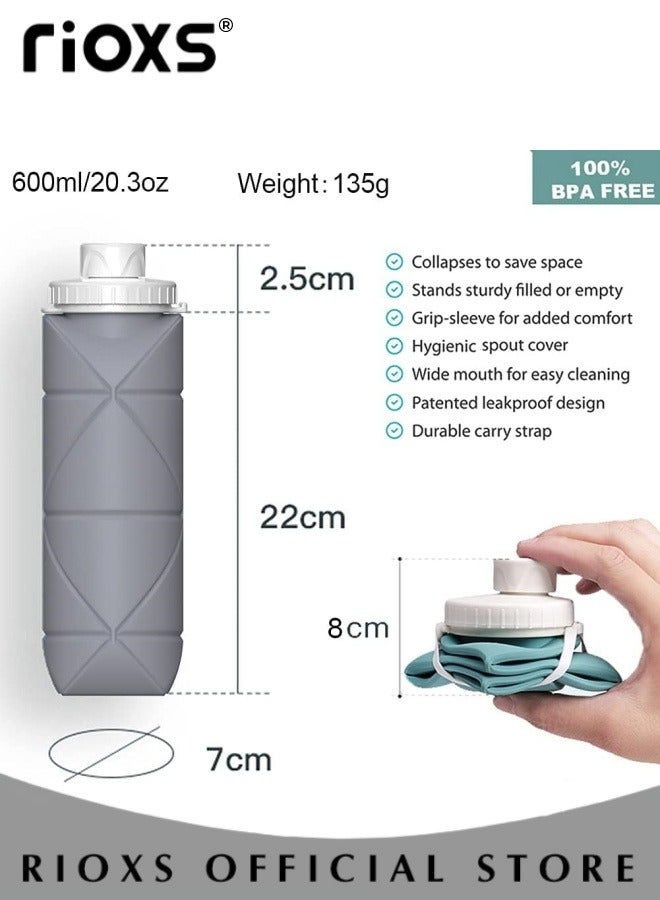 RIOXS Collapsible Water Bottles with Cup Brush Reusable Silicone Foldable Travel Water Bottle for Gym Camping Hiking Travel Sports Lightweight Durable 20oz - Image 3