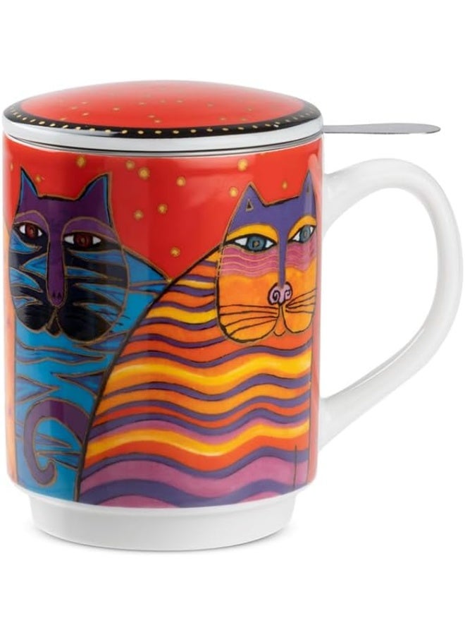 Laurel Burch Infusion Cup 350ml – Porcelain Tea Mug with Lid & Filter – Artistic Cat Design – Microwave & Dishwasher Safe – Herbal Tea Cup for Artistic lovers (RED)
