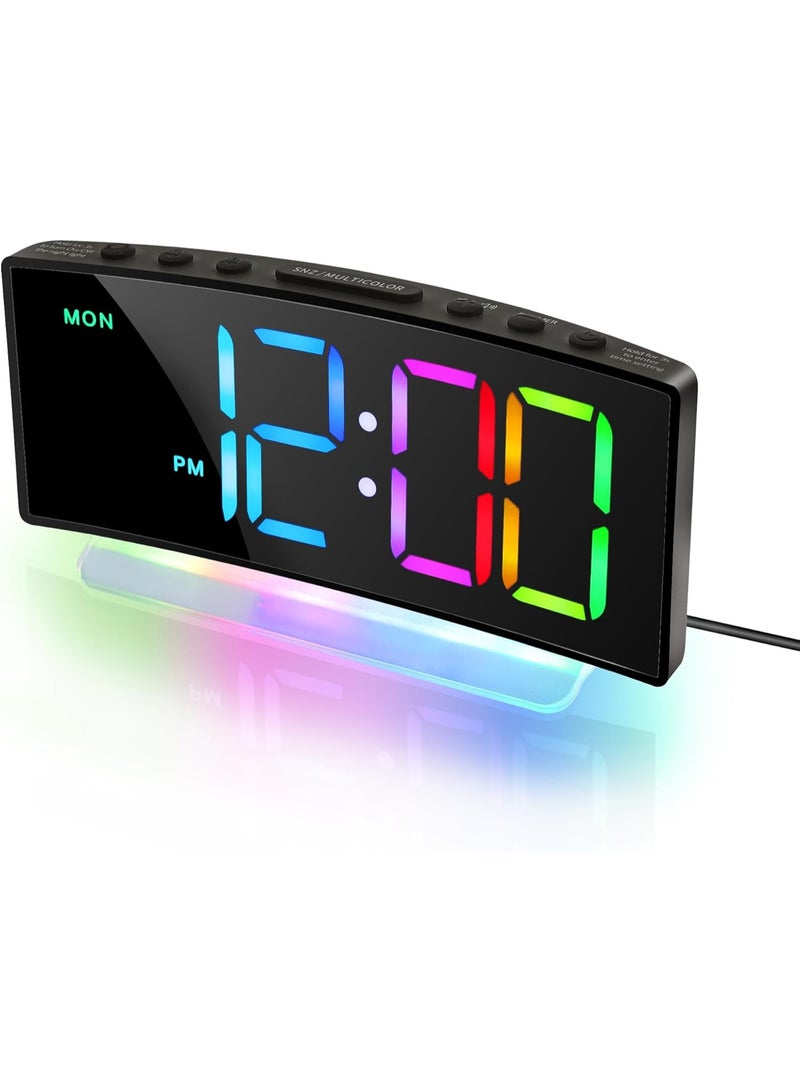 Lafocuse RGB Colorful Digital Alarm Clock with Modern Curved Design, 8 Colors LED Display & 7 Night Light, Dual Alarms, Snooze, USB Charger, Brightness Dimmer for Bedside Heavy Sleepers Kids, Black - Image 1