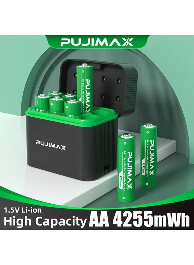 PUJIMAX شاحن بطاريات ليثيوم 8 فتحات 1.5 فولت مع 8 بطاريات ليثيوم أيون قابلة للشحن AA بقدرة 4255 ملي واط/ساعة - Image 2