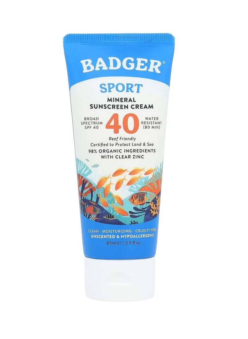 Badger Sport Mineral Sunscreen Cream  SPF 40  Unscented 2.9 fl oz (87 ml) - Image 1