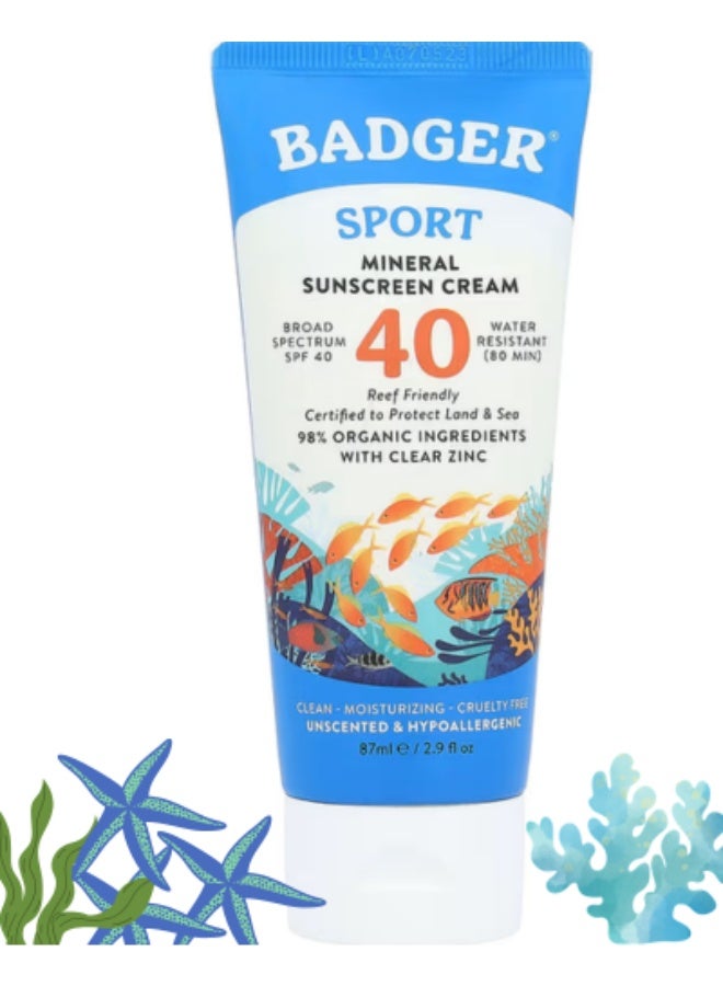 Badger Sport Mineral Sunscreen Cream  SPF 40  Unscented 2.9 fl oz (87 ml) - Image 1