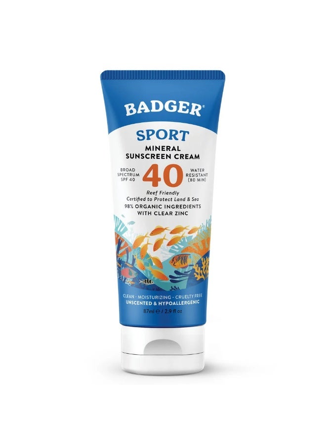 بادجير كريم واقي من الشمس معدني من Badger, Sport، بعامل حماية من الشمس 40، بدون رائحة، 2.9 أونصة سائلة (87 مل) - Image 1