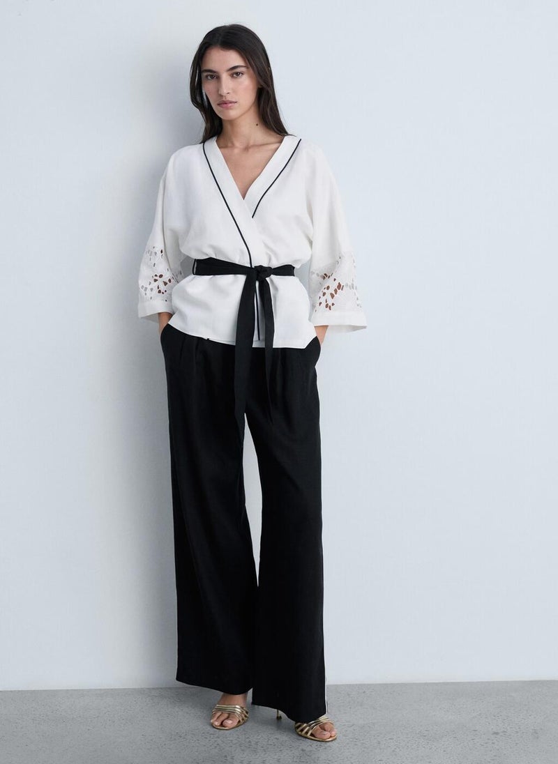 MANGO Contrast Stripe Linen Trousers  - Image 4