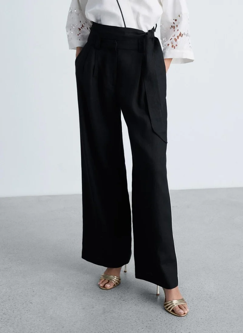 مانجو Contrast Stripe Linen Trousers