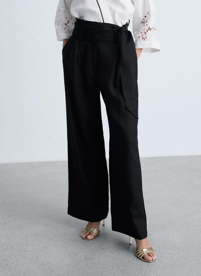 MANGO Contrast Stripe Linen Trousers  - Image 1