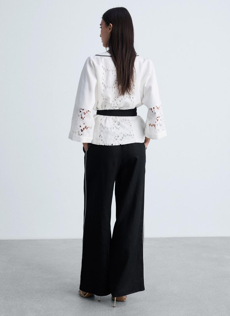 MANGO Contrast Stripe Linen Trousers  - Image 2