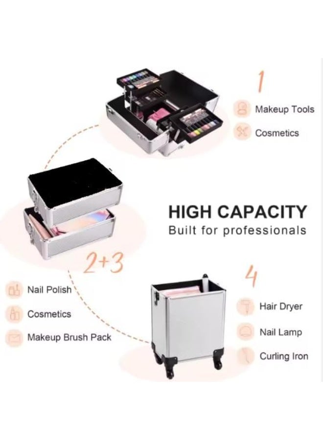 BLC 4 in 1 Rolling Makeup Trolley Case, Pro Aluminum Detachable Cosmetic Case with Telescopic Handle, 360 Degree Rotating Wheels, Train Case, Silver - Image 3