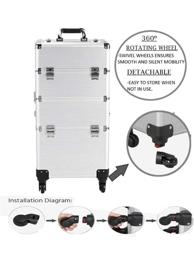 BLC 4 in 1 Rolling Makeup Trolley Case, Pro Aluminum Detachable Cosmetic Case with Telescopic Handle, 360 Degree Rotating Wheels, Train Case, Silver - Image 4