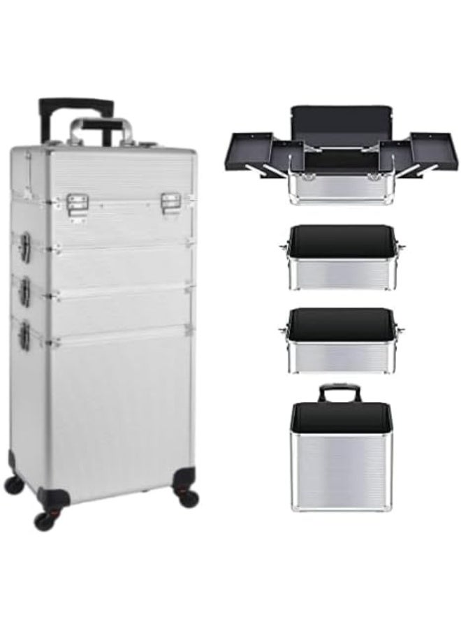 BLC 4 in 1 Rolling Makeup Trolley Case, Pro Aluminum Detachable Cosmetic Case with Telescopic Handle, 360 Degree Rotating Wheels, Train Case, Silver - Image 1