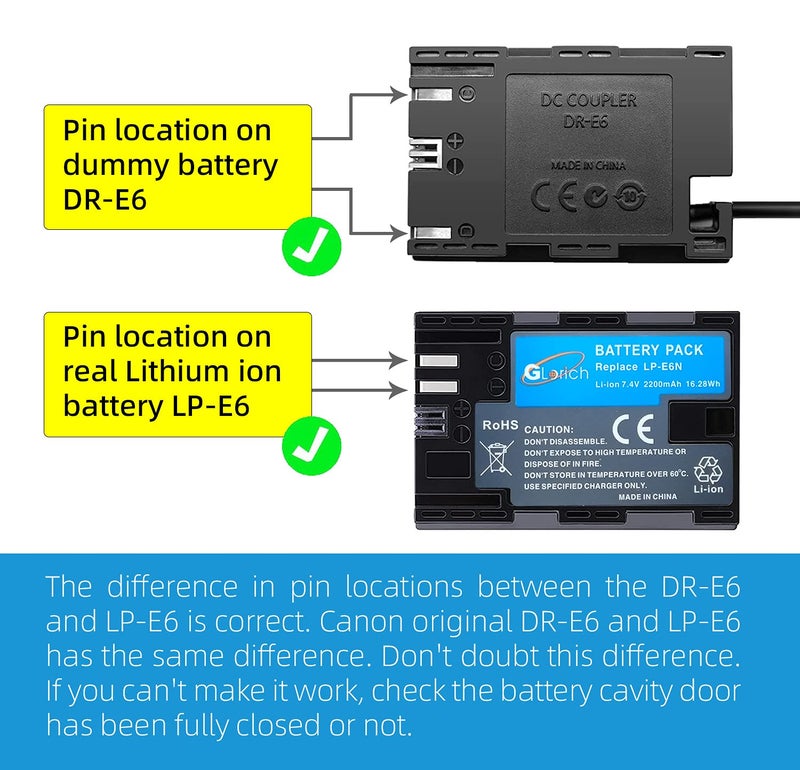 Glorich DR-E6 DC Coupler LP-E6 LP-E6N Dummy Battery ACK-E6 AC Power Supply Adapter Kit for Cameras Canon EOS R7 R6 R5 R 90D 80D 7D Mark II 7D 70D 6D 60D 5D Mark IV 5DS, with Fully-Decoded Smart Chip - Image 5