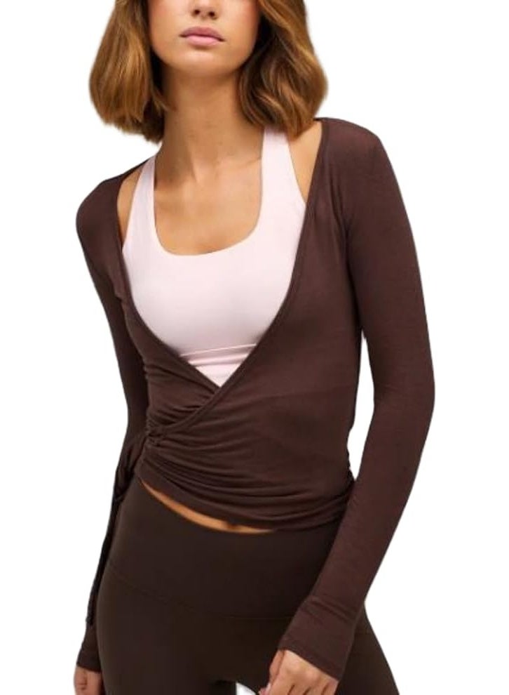 Long Sleeve Wrap Over Tops for Women Front Tie Slim Fitted Deep V-Neck Cross Wrap Around Tops Workout Pilates Ballet Yoga Gym Sports Tops[Brown]M - Image 1