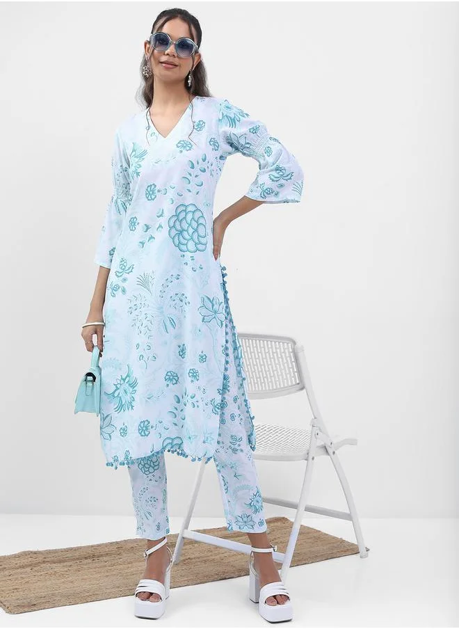 فيشود Women Blue Floral Printed Kurta Set by Styli